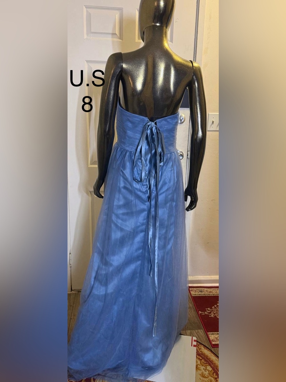 Strapless Blue Evening Gown with Bow Back